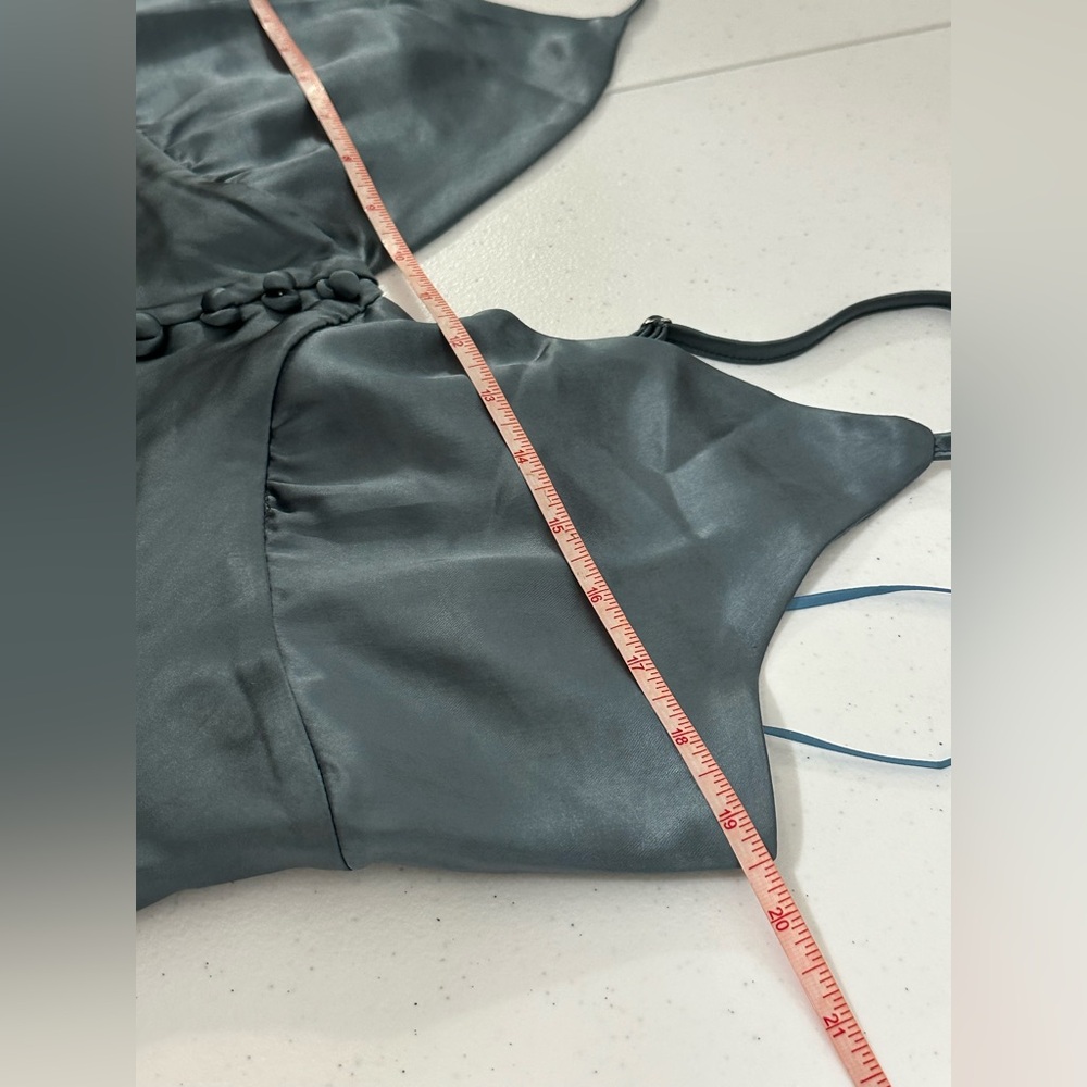 Dress Forum Gray Blue Satin Maxi Dress Silk spaghetti straps zip up faux button - Picture 13 of 16